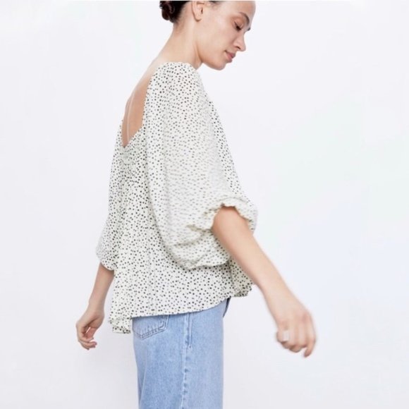 Zara Pleated Square Neck Puff Sleeve Blouse S - Picture 4 of 7